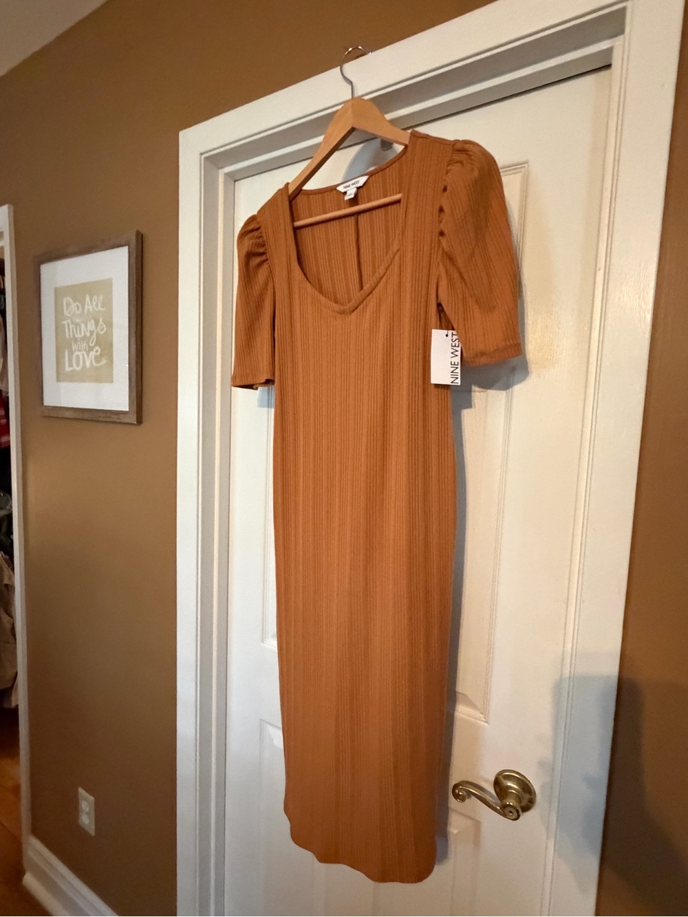 Nine West Ribbed Camel Midi Dress with Puff Sleeves
